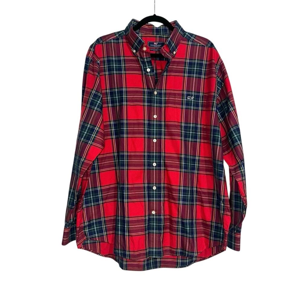 Vineyard Vines Classic Fit Tucker Red and Blue Plaid Button Down Shirt XL